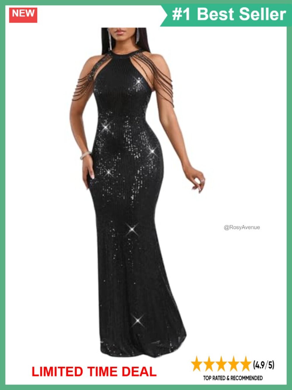Sequin Halter Tassel Mermaid Formal Maxi Dress Evening Gown